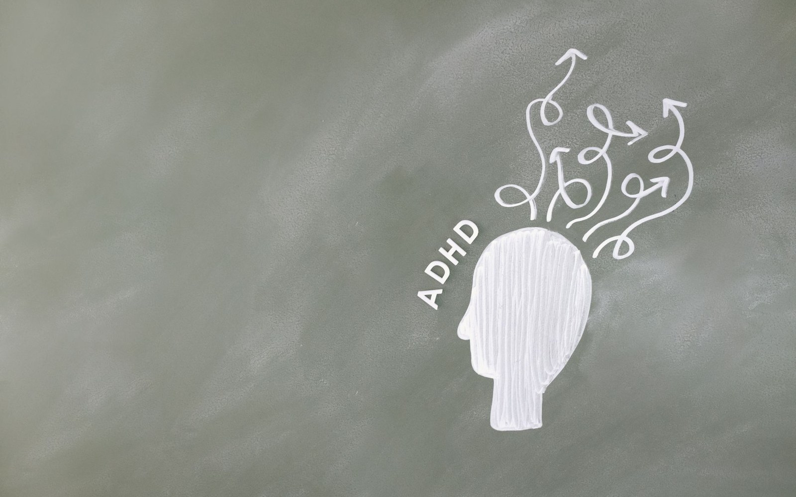 Chalk drawing of a head with tangled arrows radiating out, labeled ADHD