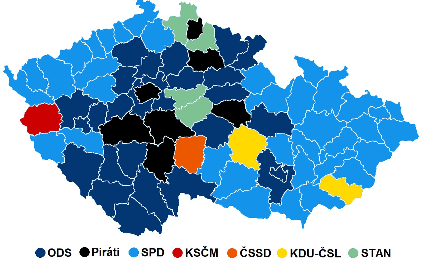 Map of Czech districts colored by winning political party, with a party color key below