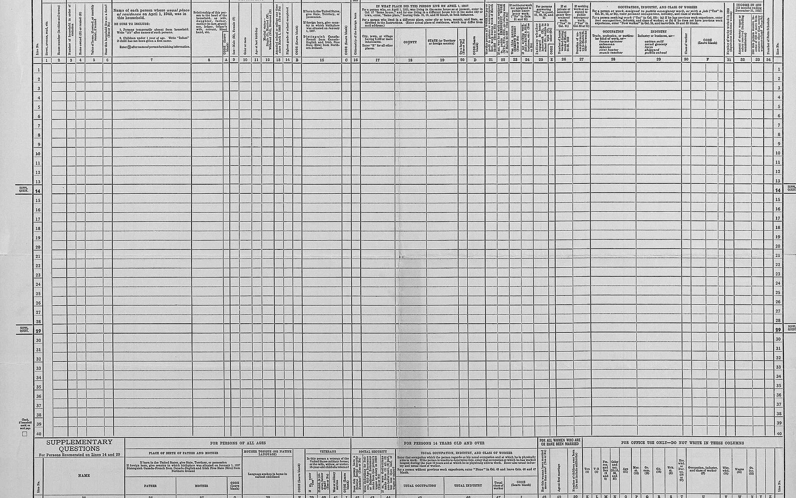 A blank census enumeration form with numbered rows and columns for household and population data